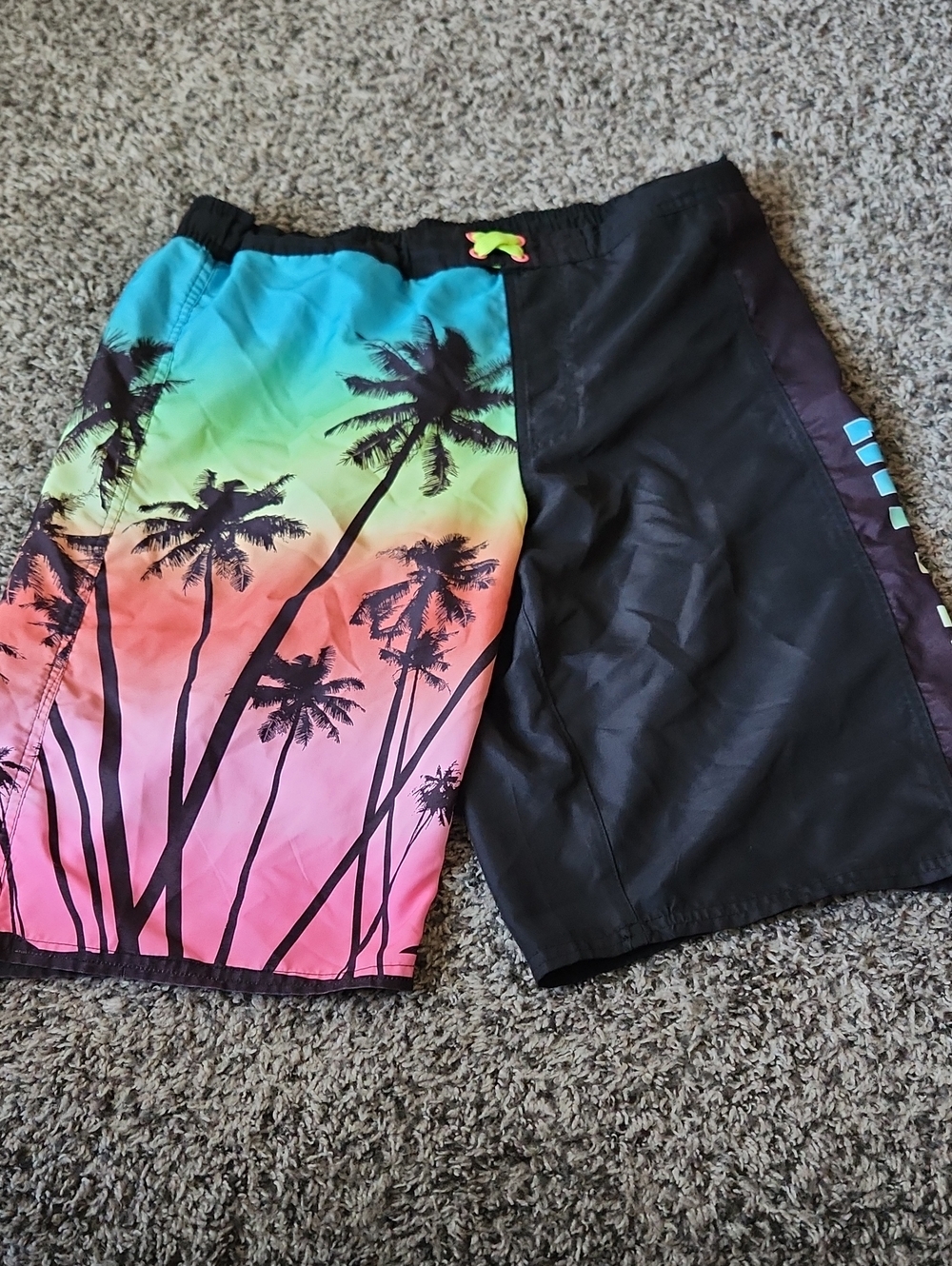 Kids Tropical Palm Print Swim Trunks - Black & Multicolor